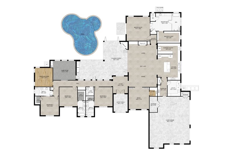 House Plan Design - Floor Plan - Main Floor for Mediterranean House Plan #1110-44 - 4 bed, 4.5 bath