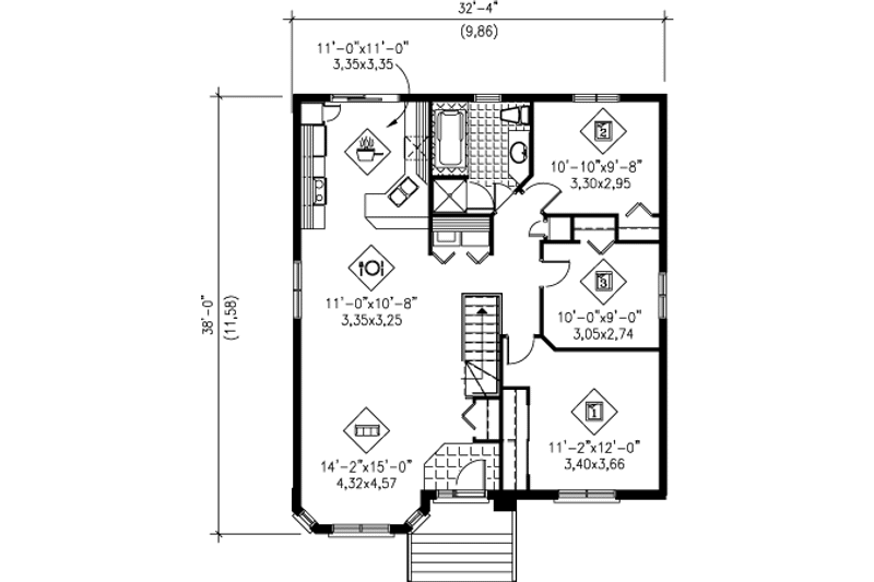 House Blueprint - Floor Plan - Main Floor for Cottage House Plan #25-4119 - 3 bed, 1 bath