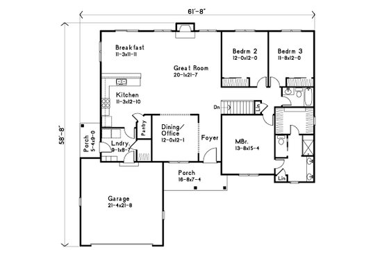Floor Plan - Main Floor for Ranch House Plan #22-632 - 3 bed, 2 bath
