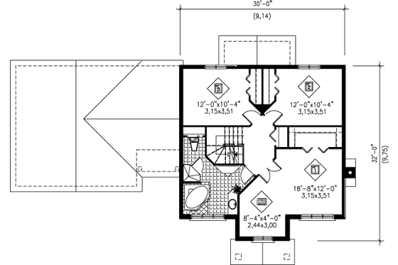 Floor Plan - Upper Floor for Colonial House Plan #25-2008 - 3 bed, 1.5 bath