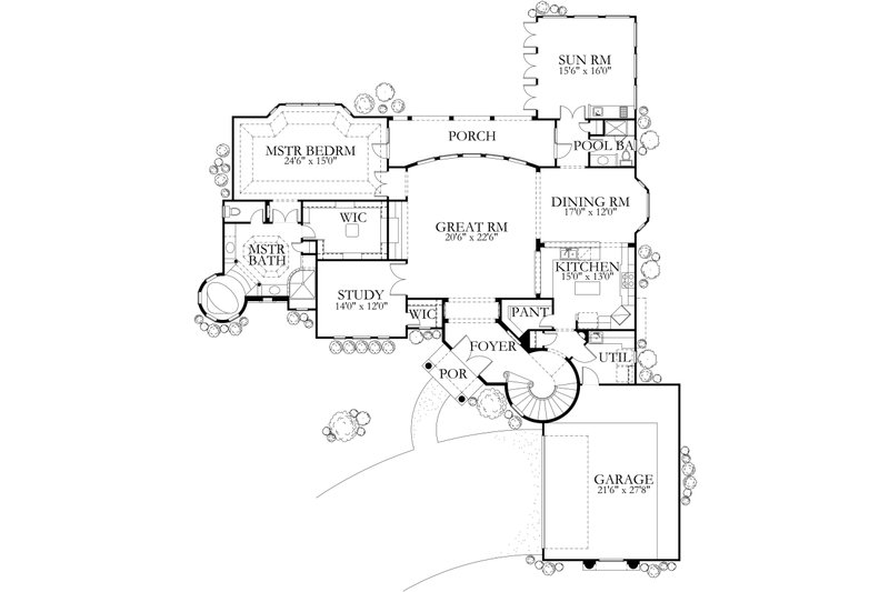 Home Plan - Floor Plan - Main Floor for Mediterranean House Plan #80-127 - 4 bed, 3 bath