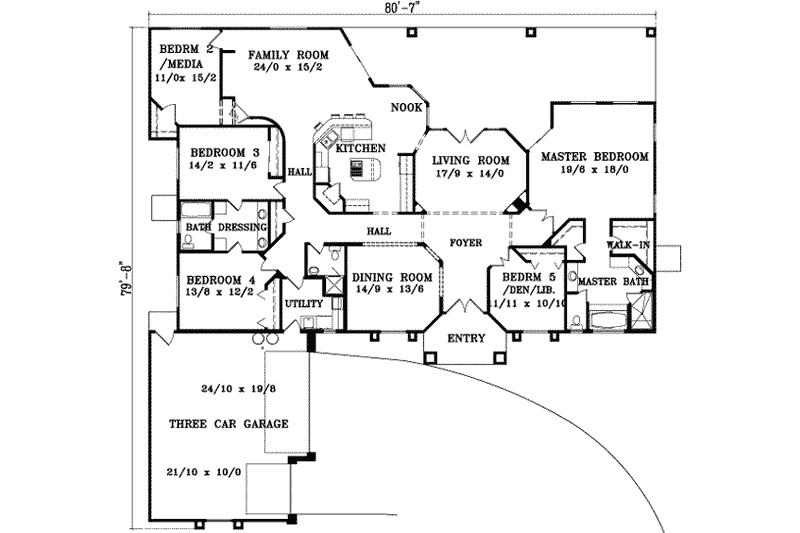 Home Plan - Floor Plan - Main Floor for Adobe / Southwestern House Plan #1-1099 - 5 bed, 3 bath
