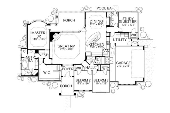 Floor Plan - Main Floor for Mediterranean House Plan #80-165 - 4 bed, 3 bath