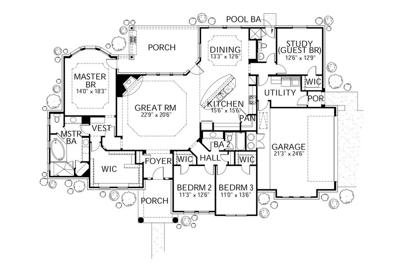Architectural House Design - Floor Plan - Main Floor for Mediterranean House Plan #80-165 - 4 bed, 3 bath