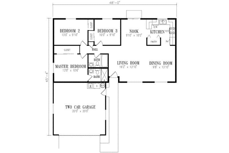 House Design - Floor Plan - Main Floor for Ranch House Plan #1-203 - 3 bed, 2 bath