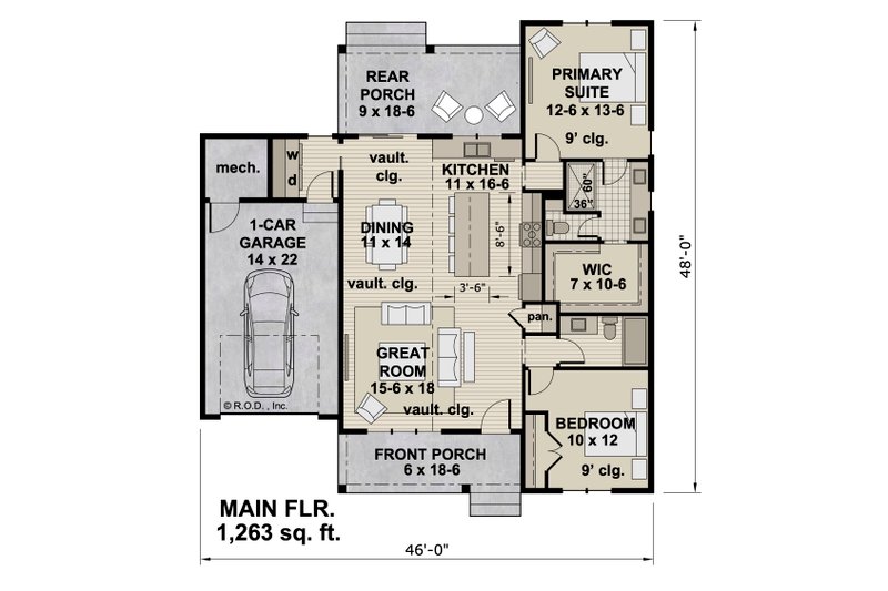 House Design - Floor Plan - Main Floor for Farmhouse House Plan #51-1486 - 2 bed, 2 bath