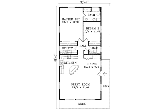 Floor Plan - Main Floor for Ranch House Plan #1-1251 - 2 bed, 2 bath