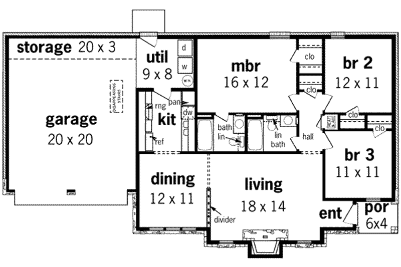 Home Plan - Floor Plan - Main Floor for Ranch House Plan #45-226 - 3 bed, 2 bath