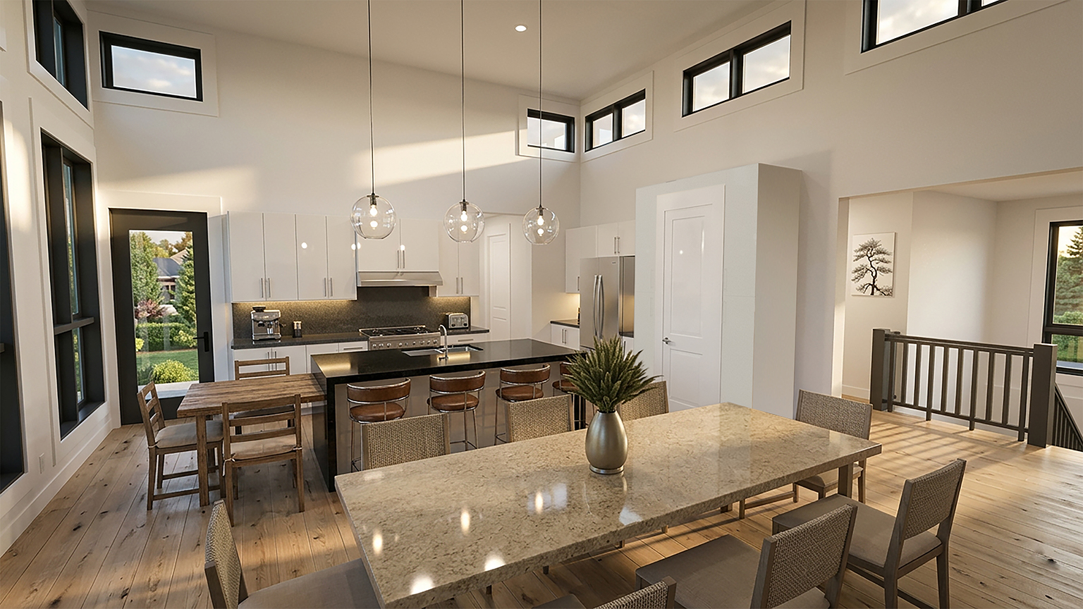 Open kitchen and dining room with modern decor
