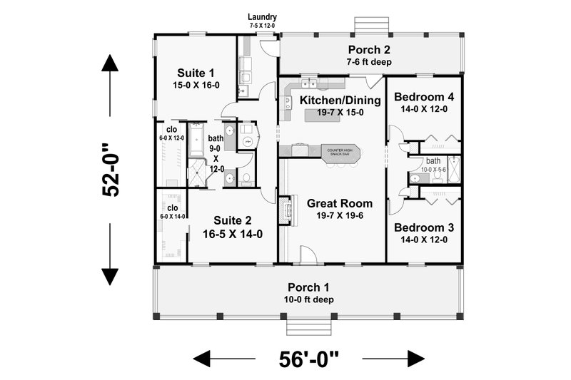 House Design - Floor Plan - Main Floor for Farmhouse House Plan #44-249 - 4 bed, 2 bath