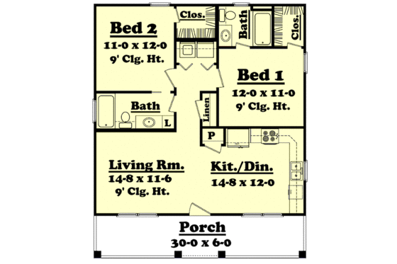 Floor Plan - Main Floor for Farmhouse House Plan #430-4 - 2 bed, 2 bath