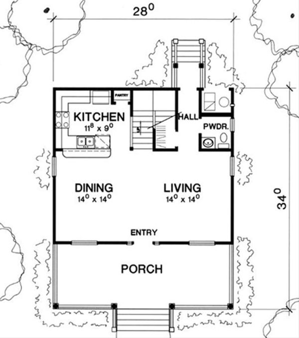 Cottage style home, bungalow style, main level floor plan