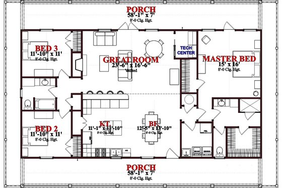 Floor Plan - Main Floor for Beach House Plan #63-364 - 3 bed, 2 bath