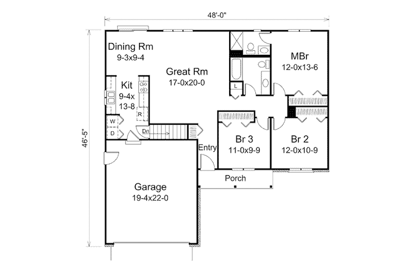 Architectural House Design - Floor Plan - Main Floor for Ranch House Plan #57-508 - 3 bed, 2 bath