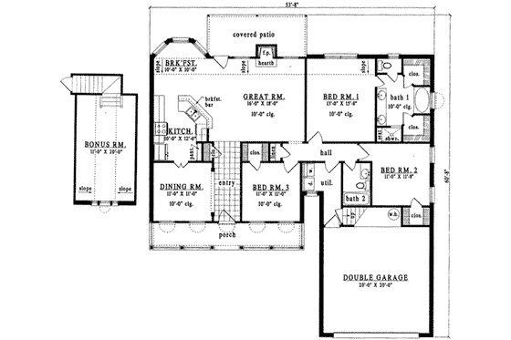Floor Plan - Main Floor for Southern House Plan #42-244 - 3 bed, 2 bath