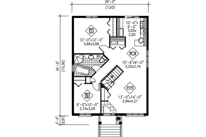 House Blueprint - Floor Plan - Main Floor for Cottage House Plan #25-119 - 2 bed, 1 bath