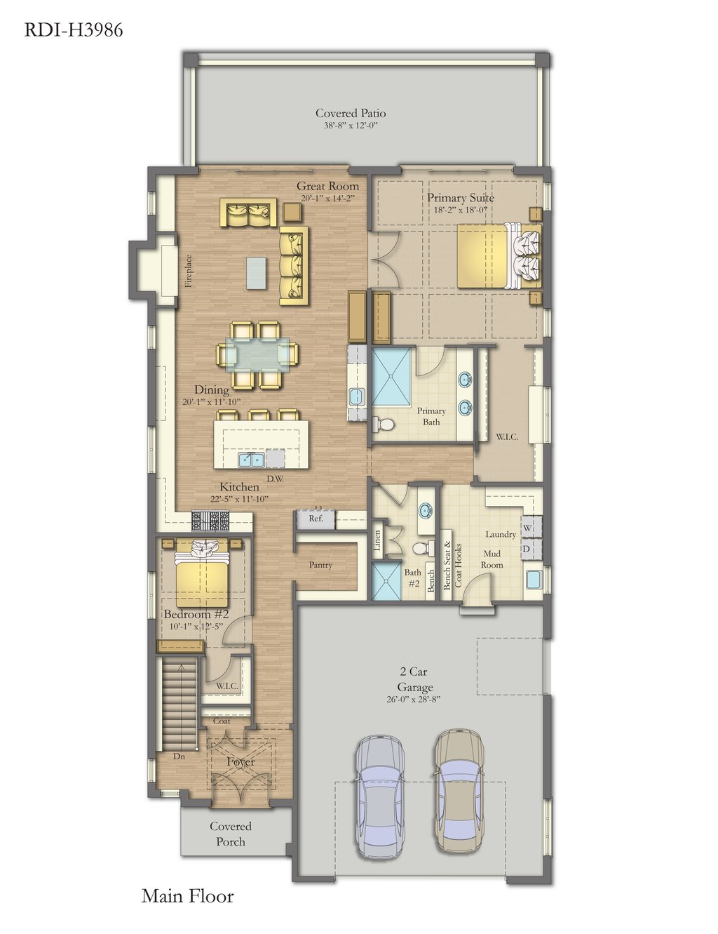 Floor Plan - Main Floor for Craftsman House Plan #1057-51 - 2 bed, 2.5 bath