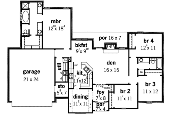 Floor Plan - Main Floor for European House Plan #16-281 - 4 bed, 2 bath