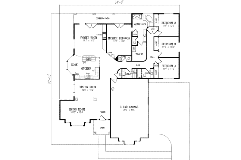Home Plan - Floor Plan - Main Floor for Adobe / Southwestern House Plan #1-566 - 4 bed, 2.5 bath