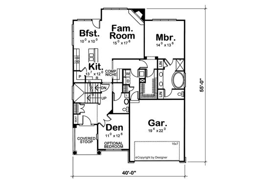 Floor Plan - Main Floor for Bungalow House Plan #20-1230 - 3 bed, 2.5 bath