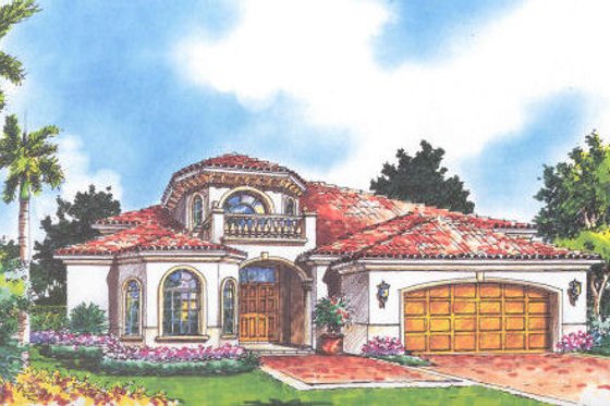 Exterior - Front Elevation for Mediterranean House Plan #420-215 - 3 bed, 3 bath