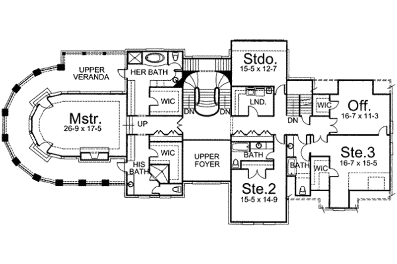 House Blueprint - Floor Plan - Upper Floor for European House Plan #119-168 - 4 bed, 5.5 bath
