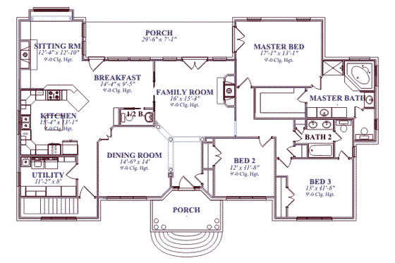 Floor Plan - Main Floor for Southern House Plan #63-114 - 3 bed, 2.5 bath