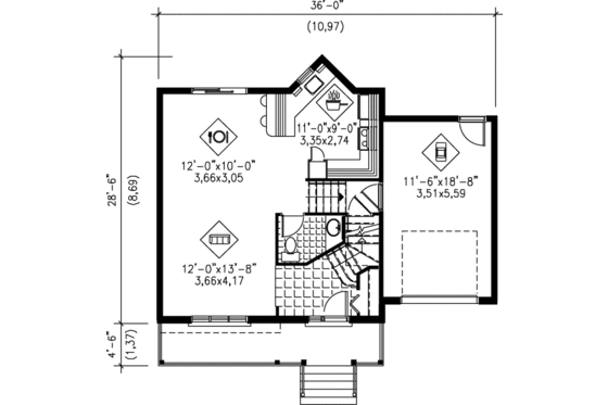 Floor Plan - Main Floor for Traditional House Plan #25-2001 - 3 bed, 1.5 bath