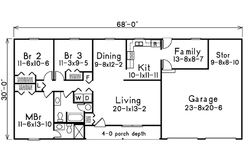 Architectural House Design - Floor Plan - Main Floor for Ranch House Plan #57-517 - 3 bed, 2 bath