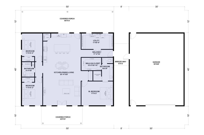 House Blueprint - Floor Plan - Main Floor for Barndominium House Plan #1107-31 - 3 bed, 2 bath