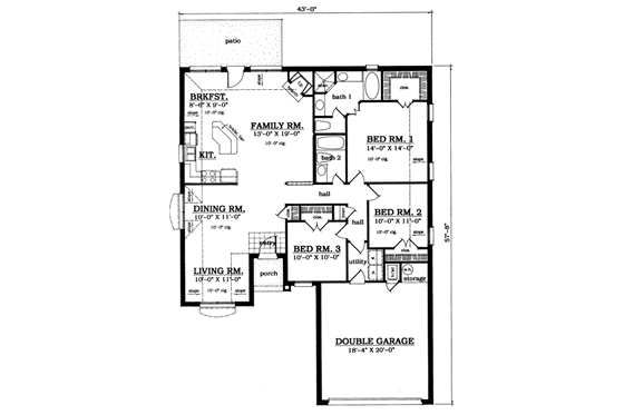 Floor Plan - Main Floor for Traditional House Plan #42-115 - 3 bed, 2 bath