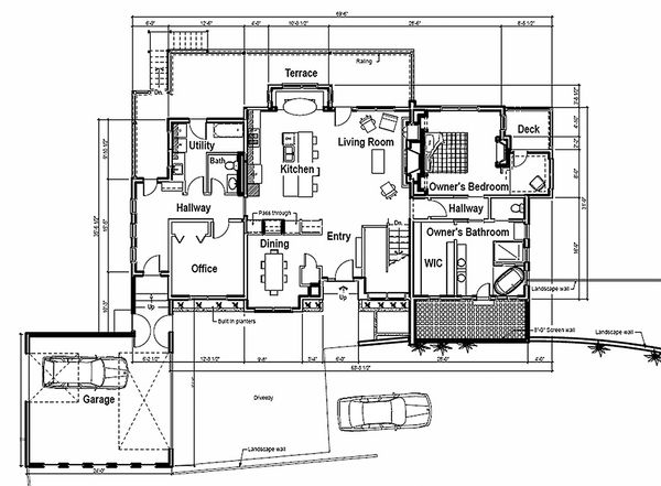 Contemporary style, modern design house plan, main level floor plan