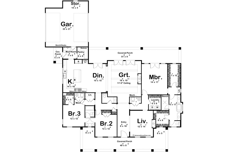 House Blueprint - Floor Plan - Main Floor for Southern House Plan #455-558 - 3 bed, 2.5 bath