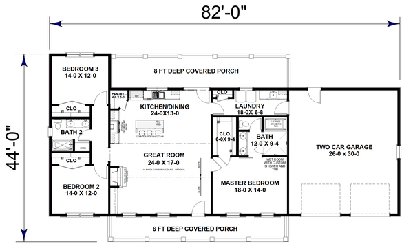 House Blueprint - Floor Plan - Main Floor for Farmhouse House Plan #44-313 - 3 bed, 2 bath