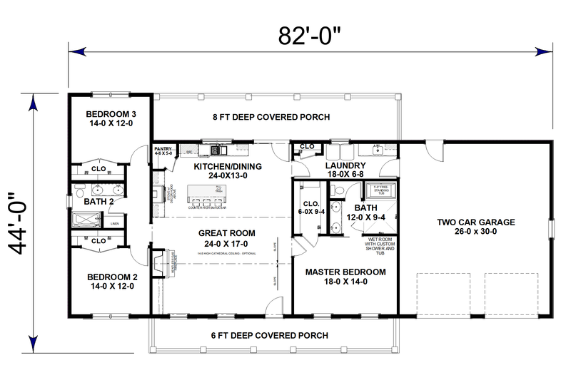 House Blueprint - Floor Plan - Main Floor for Farmhouse House Plan #44-313 - 3 bed, 2 bath