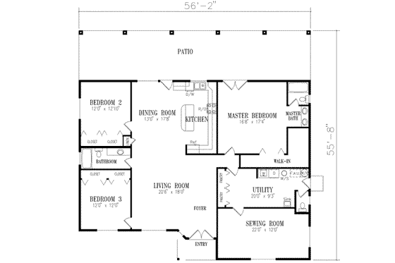 Floor Plan - Main Floor for Adobe / Southwestern House Plan #1-504 - 3 bed, 2 bath