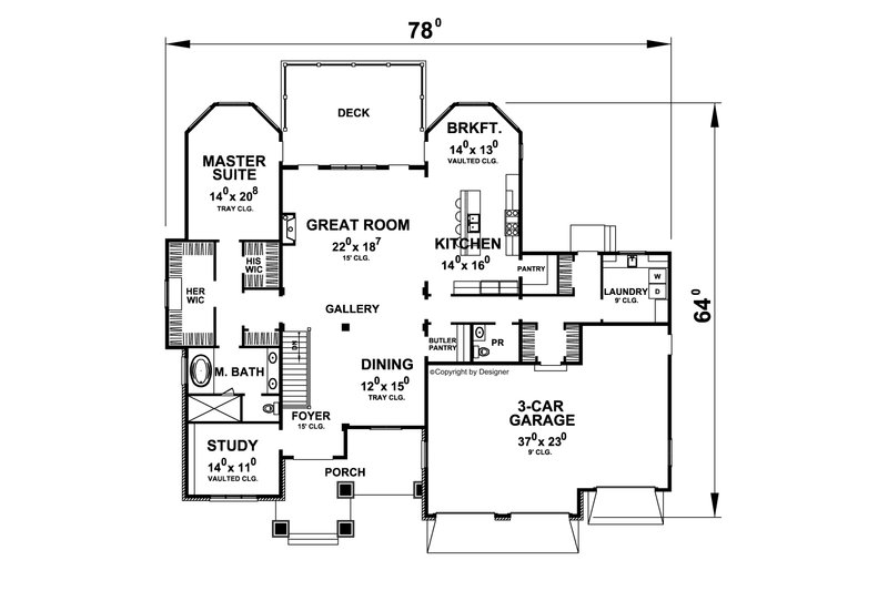 Architectural House Design - Floor Plan - Main Floor for Craftsman House Plan #20-2454 - 3 bed, 4.5 bath