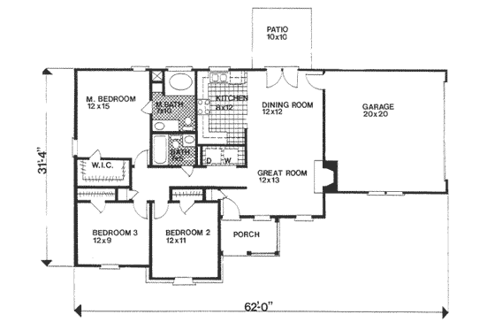 Floor Plan - Main Floor for Ranch House Plan #30-120 - 3 bed, 2 bath