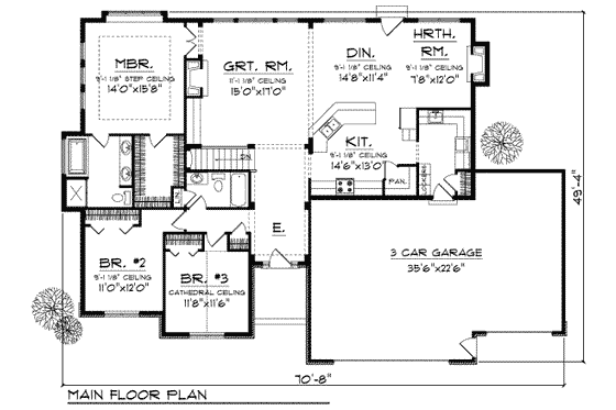 Floor Plan - Main Floor for Ranch House Plan #70-683 - 3 bed, 2 bath