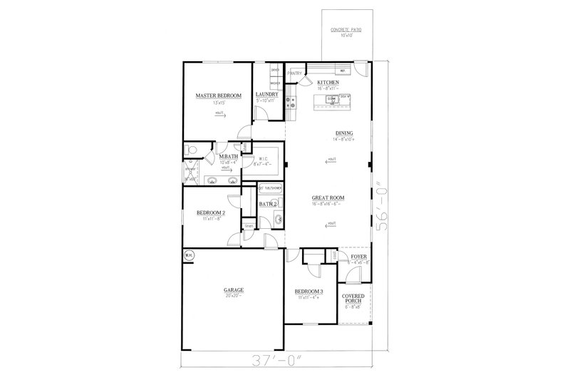 Architectural House Design - Floor Plan - Main Floor for Craftsman House Plan #437-99 - 3 bed, 2 bath