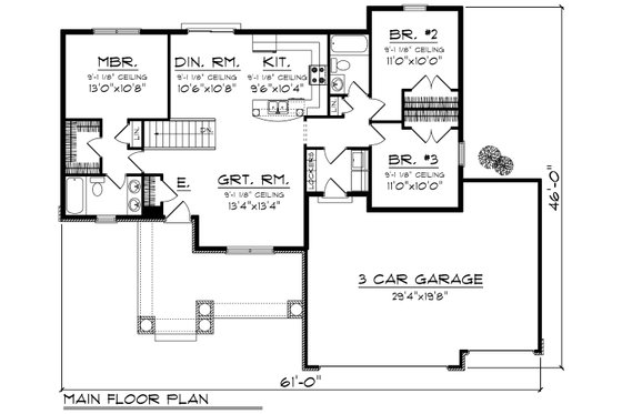 Floor Plan - Main Floor for Ranch House Plan #70-1186 - 3 bed, 2 bath