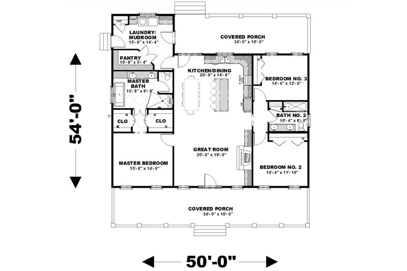 Architectural House Design - Floor Plan - Main Floor for Southern House Plan #44-255 - 3 bed, 2 bath
