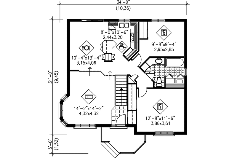 Dream House Plan - Floor Plan - Main Floor for European House Plan #25-1044 - 2 bed, 1 bath
