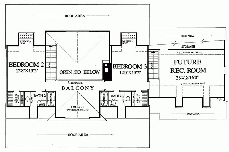 Architectural House Design - Upper Level floor plan - 2600 square foot Southern home