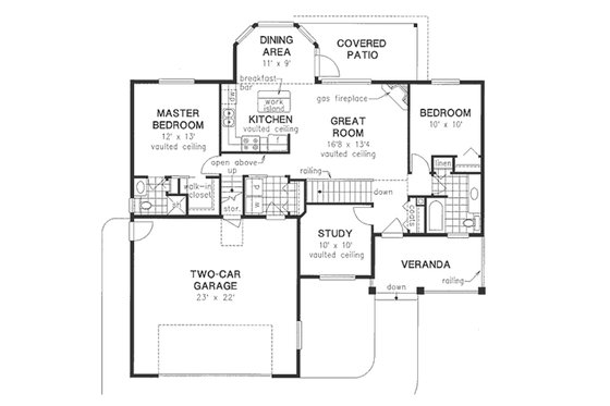 Ranch style country house plan, main level floor plan