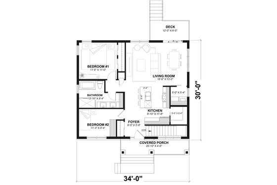 Floor Plan - Main Floor for Bungalow House Plan #23-2812 - 2 bed, 1 bath