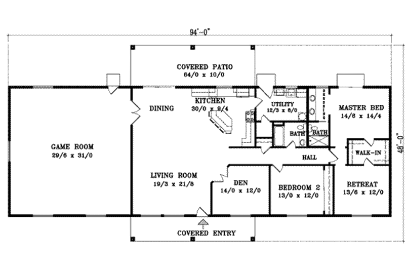 Architectural House Design - Floor Plan - Main Floor for Ranch House Plan #1-891 - 2 bed, 1.5 bath