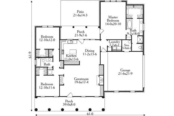 Floor Plan - Main Floor for Southern House Plan #406-279 - 3 bed, 2 bath