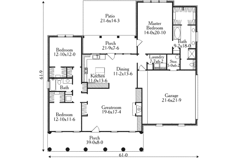 Architectural House Design - Floor Plan - Main Floor for Southern House Plan #406-279 - 3 bed, 2 bath