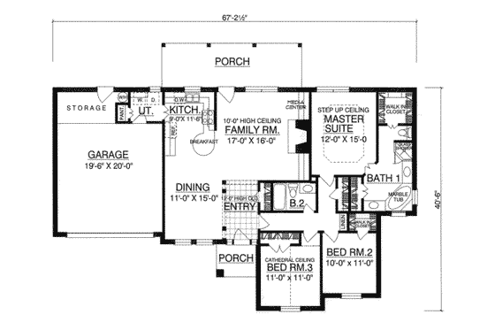 Floor Plan - Main Floor for European House Plan #40-228 - 3 bed, 2 bath